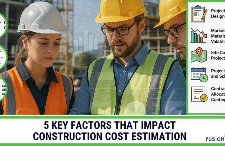 Infographic illustrating 5 key factors impacting construction cost estimation: project scope, market conditions, site conditions, project timeline, and contract type.