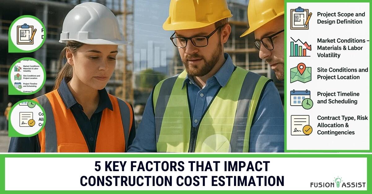 Infographic illustrating 5 key factors impacting construction cost estimation: project scope, market conditions, site conditions, project timeline, and contract type.