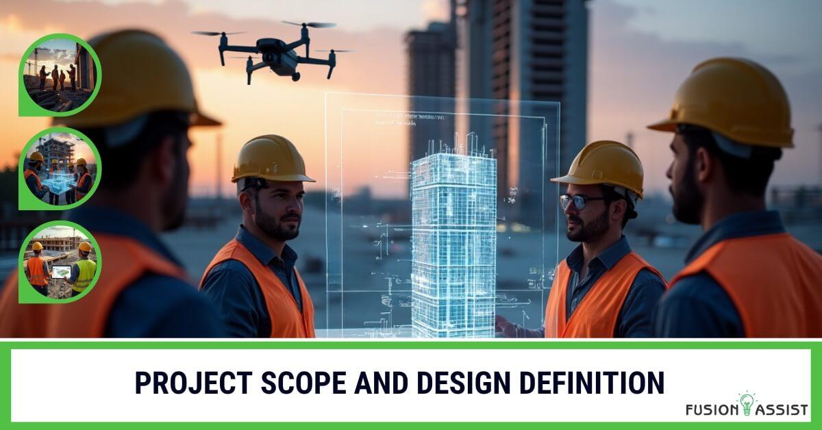 Illustration of a building blueprint or project plan, emphasizing details included in project scope and design definition for construction cost estimation.