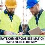 Commercial construction site with estimator reviewing cost data on tablet