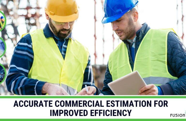 Commercial construction site with estimator reviewing cost data on tablet