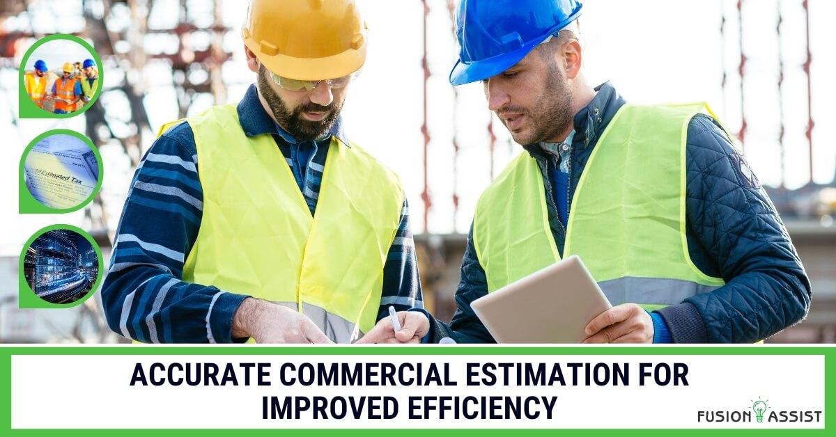 Commercial construction site with estimator reviewing cost data on tablet