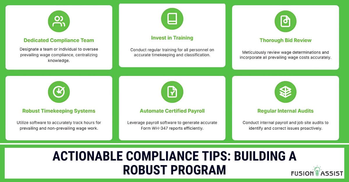 Infographic displaying six actionable compliance tips for building a robust prevailing wage program, including dedicated teams, training, and internal audits.