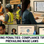 Construction workers and professionals on a job site, with overlays showing key compliance areas like labor classifications, payroll, and wage laws, for avoiding prevailing wage penalties
