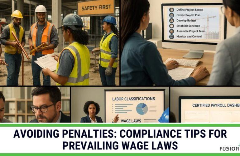 Construction workers and professionals on a job site, with overlays showing key compliance areas like labor classifications, payroll, and wage laws, for avoiding prevailing wage penalties