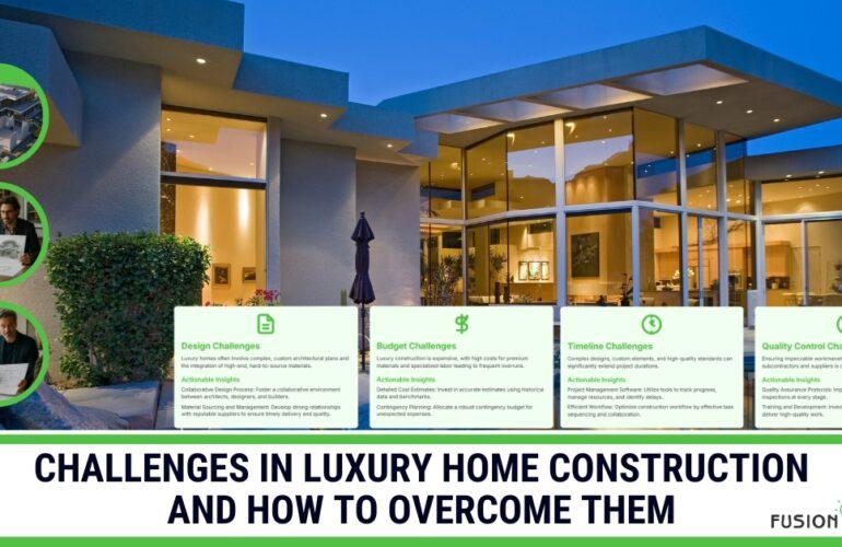 Modern luxury home exterior with infographics on construction challenges and solutions.