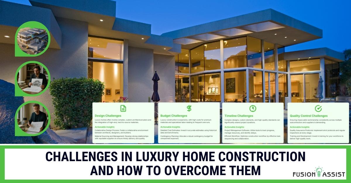 Modern luxury home exterior with infographics on construction challenges and solutions.