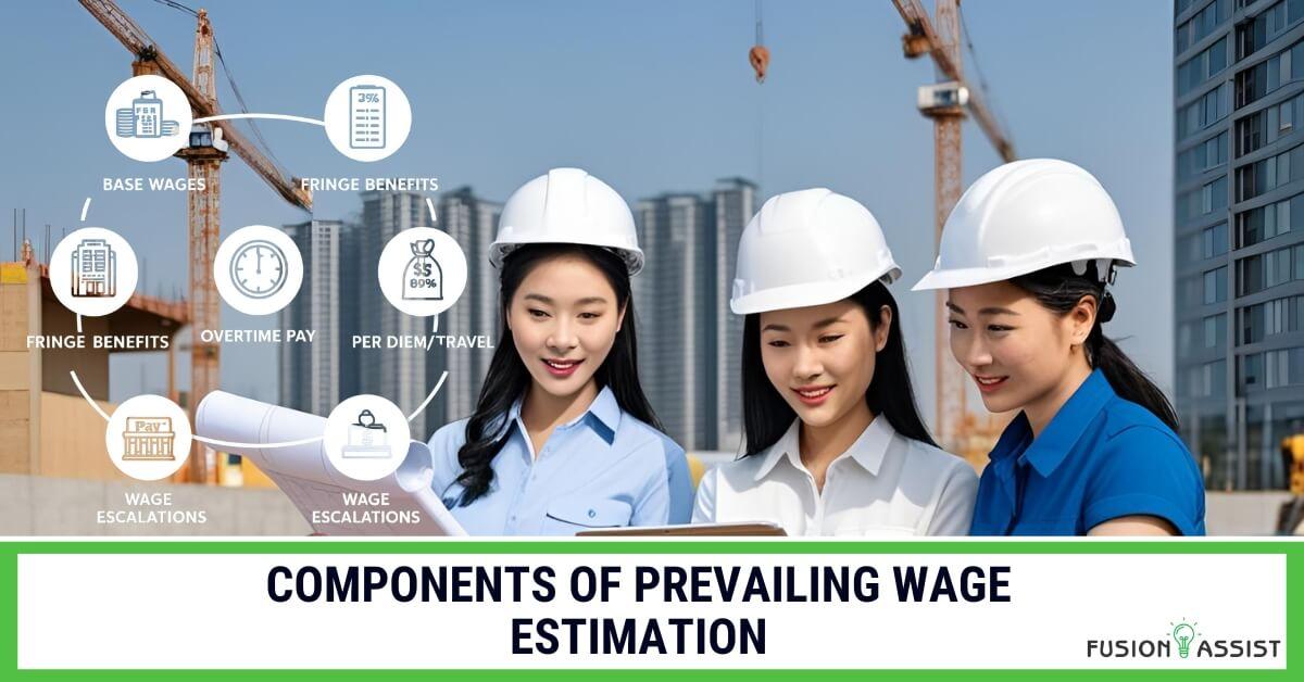 Key components of prevailing wage estimation including base wages, fringe benefits, overtime pay, travel allowances, and wage escalations.