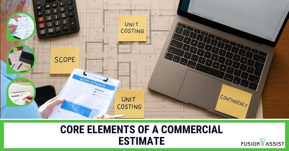 Commercial Estimator’s desk with blueprints, calculator, and cost estimating tools