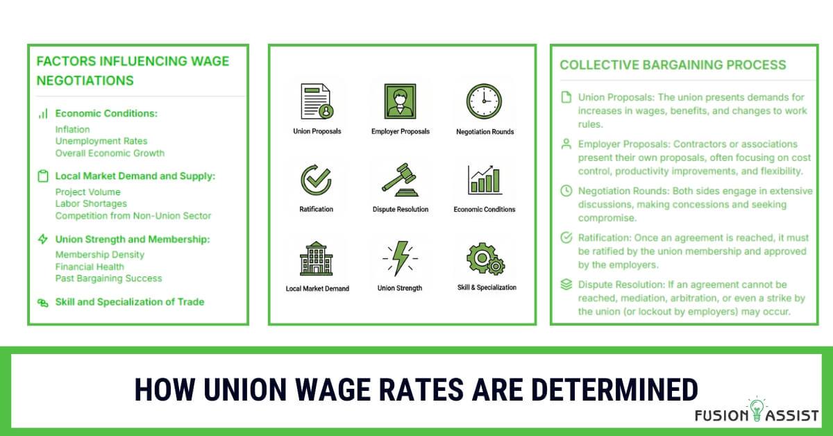 Infographic detailing how union wage rates are determined through the collective bargaining process and influenced by economic, market, union strength, and skill factors."