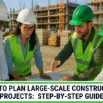 Construction team in hard hats reviewing blueprints and planning steps for a large-scale project