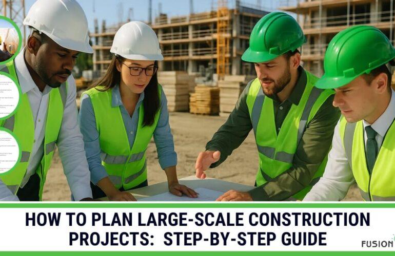 Construction team in hard hats reviewing blueprints and planning steps for a large-scale project
