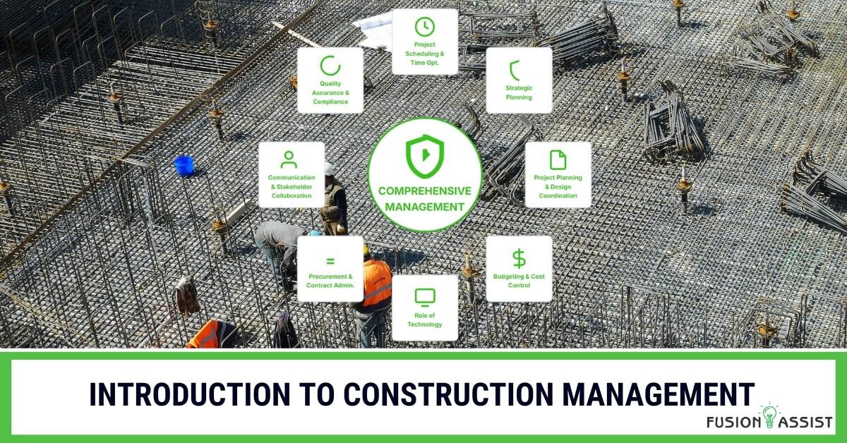 Aerial view of a construction site with comprehensive construction management icons overlaid.
