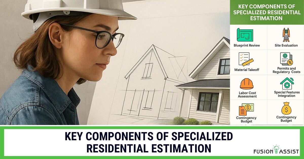 Diagram showing critical elements of custom home cost estimation, including materials, labor, site analysis, and permits.