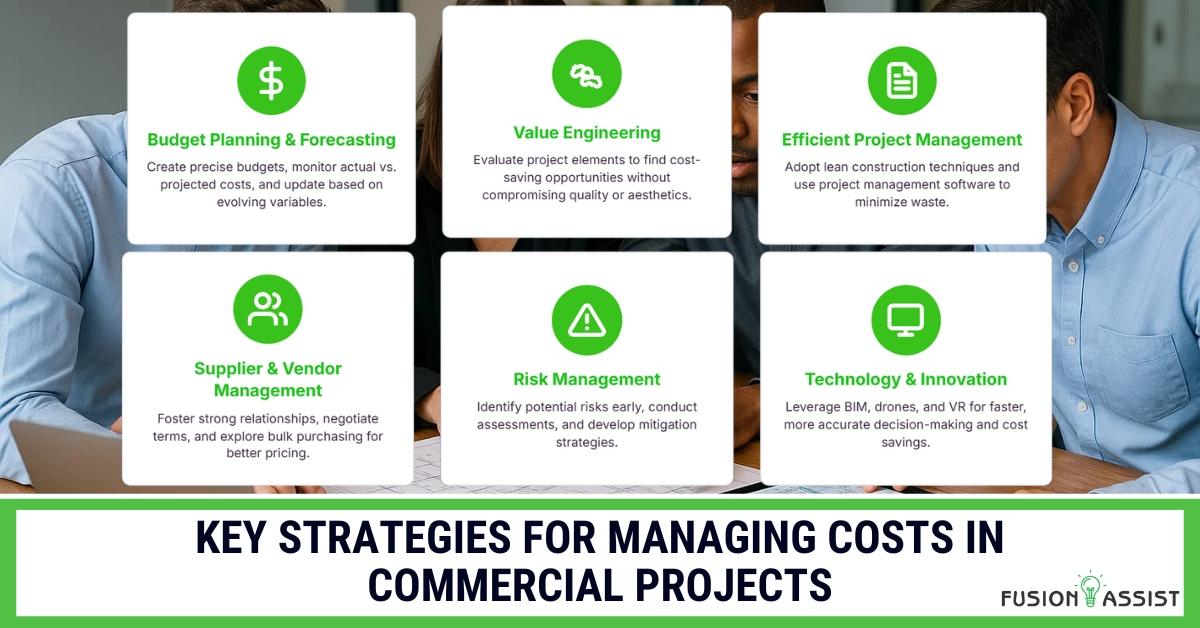 Infographic showing key strategies for cost management in commercial construction projects.