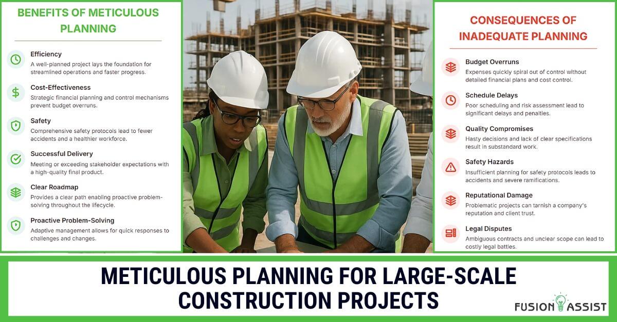 Infographic highlighting benefits and consequences of meticulous planning for large-scale construction projects, with construction workers in background.