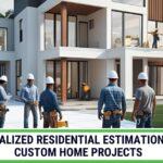 Specialized residential estimation for custom homes. Custom home under construction with overlay text highlighting specialized residential estimation benefits.