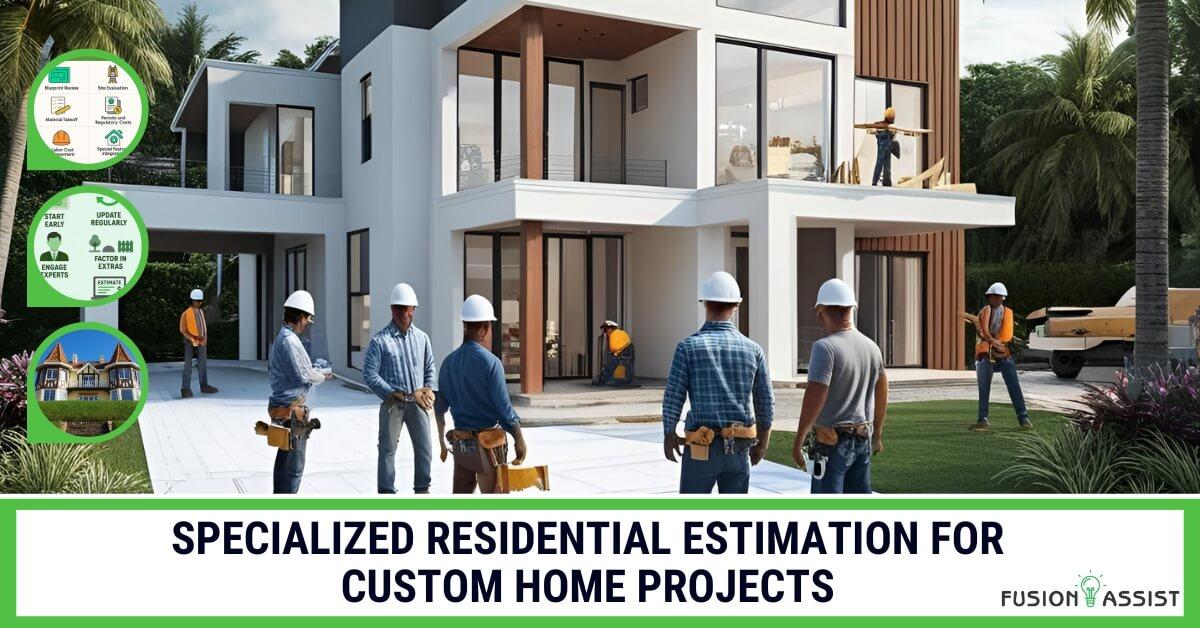 Specialized residential estimation for custom homes. Custom home under construction with overlay text highlighting specialized residential estimation benefits.