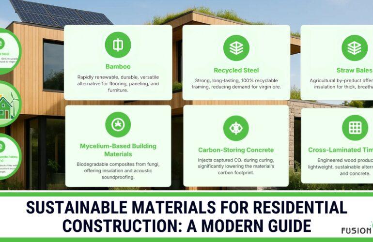 Modern house with solar panels and an infographic of sustainable construction materials.