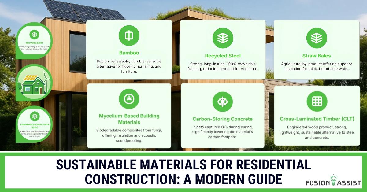 Modern house with solar panels and an infographic of sustainable construction materials.