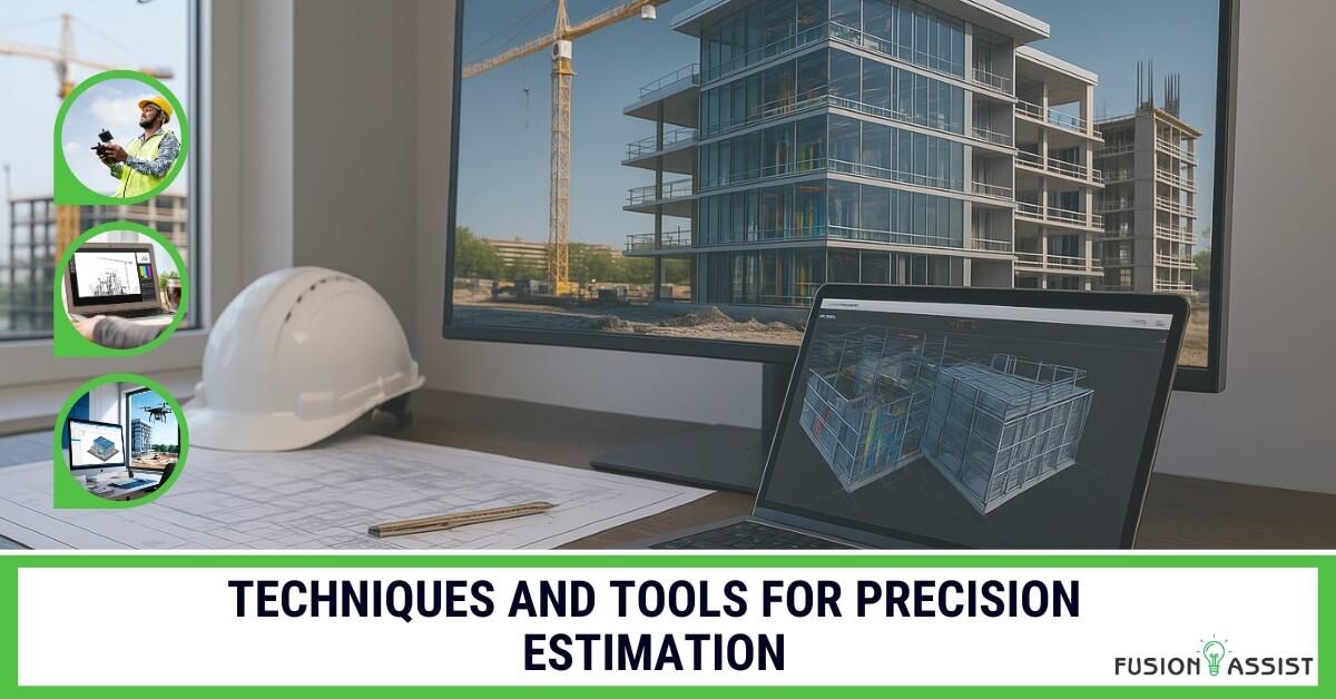 Construction estimation tools and techniques. Construction team using estimation software and BIM on laptops and tablets, with data charts and 3D models on screen.