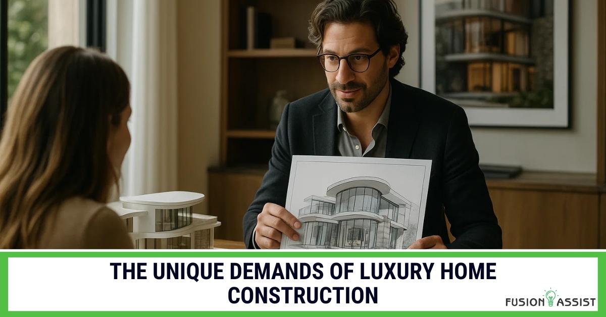 An architect presenting luxury home design plans to a client.