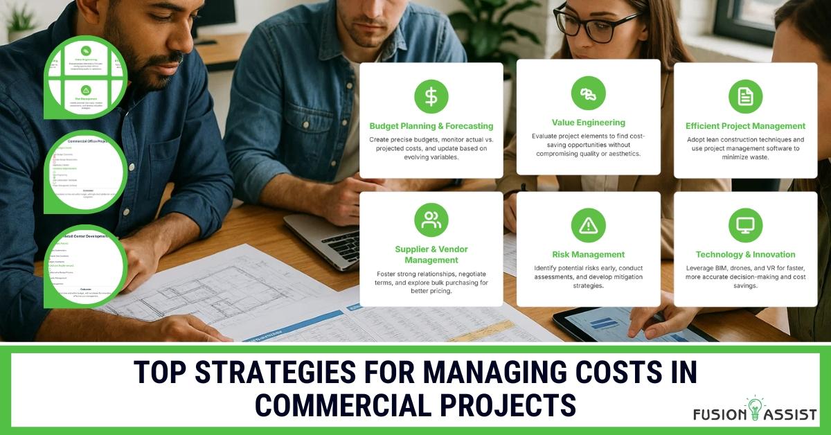 Three professionals discussing blueprints and a diagram of top cost management strategies.