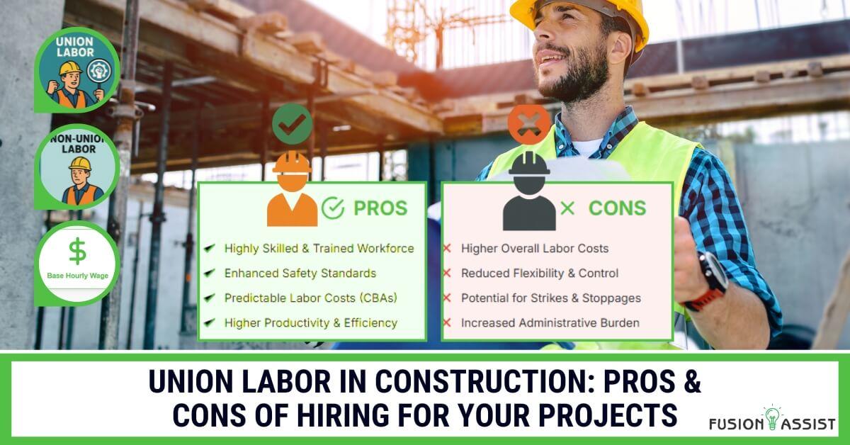 Visual comparison of the pros and cons of hiring union labor for construction projects.