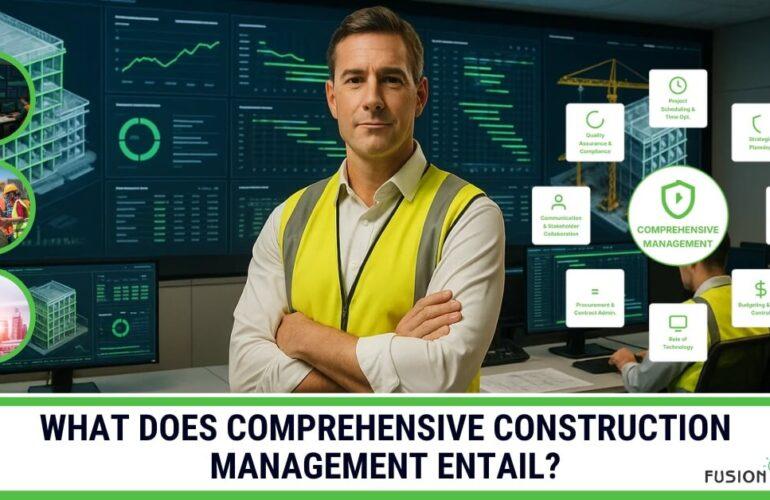 Man in hard hat and safety vest in front of data screens illustrating comprehensive construction management.