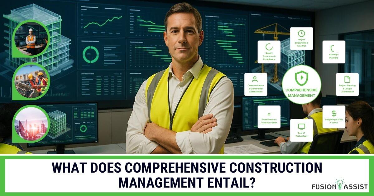 Man in hard hat and safety vest in front of data screens illustrating comprehensive construction management.