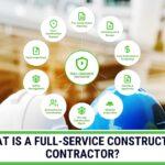 Hard hats on a construction site with a diagram explaining full-service contractor roles.
