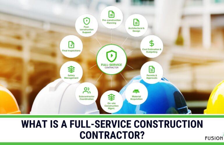 Hard hats on a construction site with a diagram explaining full-service contractor roles.