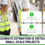 Construction workers reviewing plans with an infographic on critical reasons for accurate small project estimation.