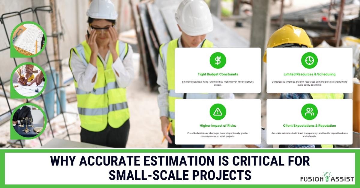 Construction workers reviewing plans with an infographic on critical reasons for accurate small project estimation.