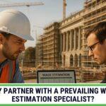 A construction worker and a business professional reviewing wage estimation data on a laptop, symbolizing the benefits of partnering with a prevailing wage specialist.