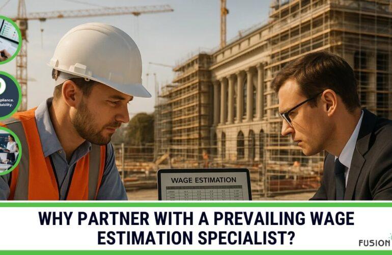 A construction worker and a business professional reviewing wage estimation data on a laptop, symbolizing the benefits of partnering with a prevailing wage specialist.