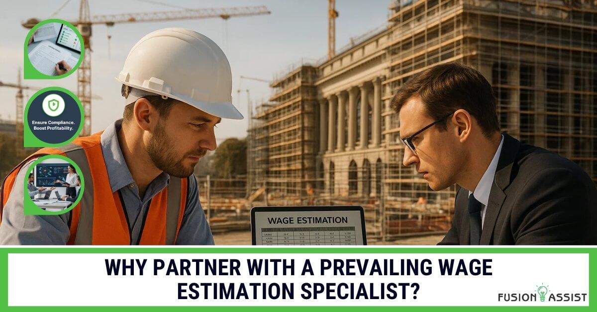 A construction worker and a business professional reviewing wage estimation data on a laptop, symbolizing the benefits of partnering with a prevailing wage specialist.