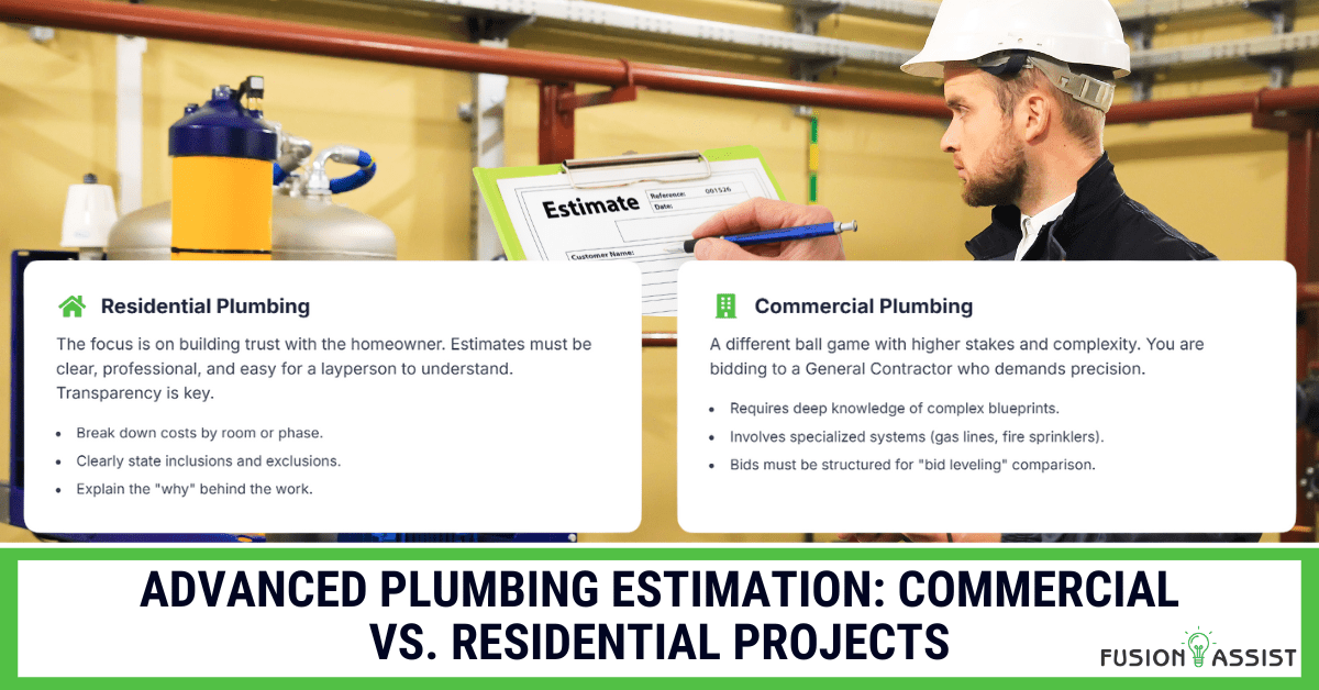 A split-screen comparison showing the differences between residential and commercial plumbing estimation, with a water heater on the residential side and a contractor reviewing blueprints for a commercial project.