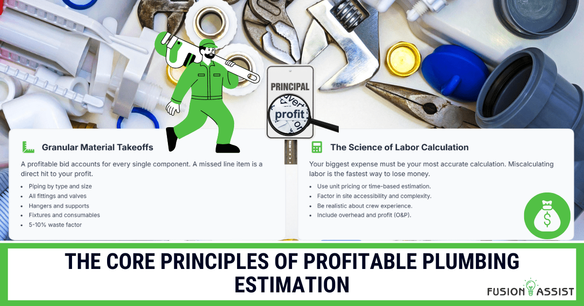 An infographic on the core principles of profitable plumbing estimation, detailing the importance of granular material takeoffs and scientific labor calculation, surrounded by various plumbing components.