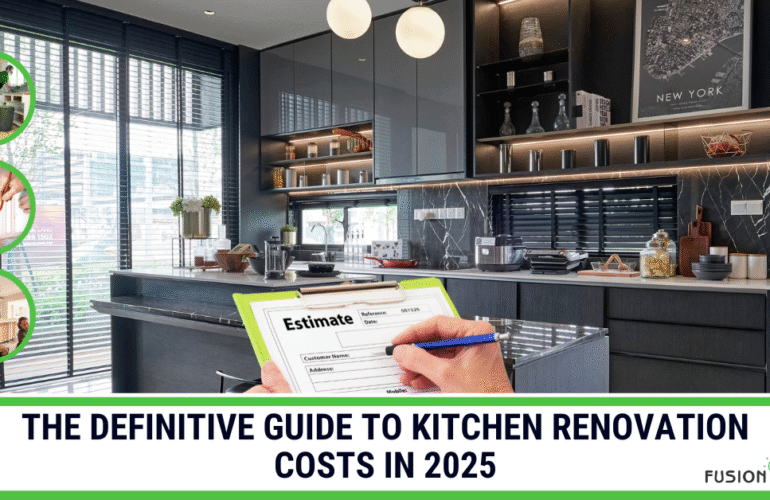A stylish, modern luxury kitchen is featured in the title image for The Definitive Guide to Kitchen Renovation Costs in 2025.