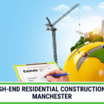 A symbolic image of a construction project on a hard hat, representing a guide to mastering high-end residential construction estimates in Manchester.