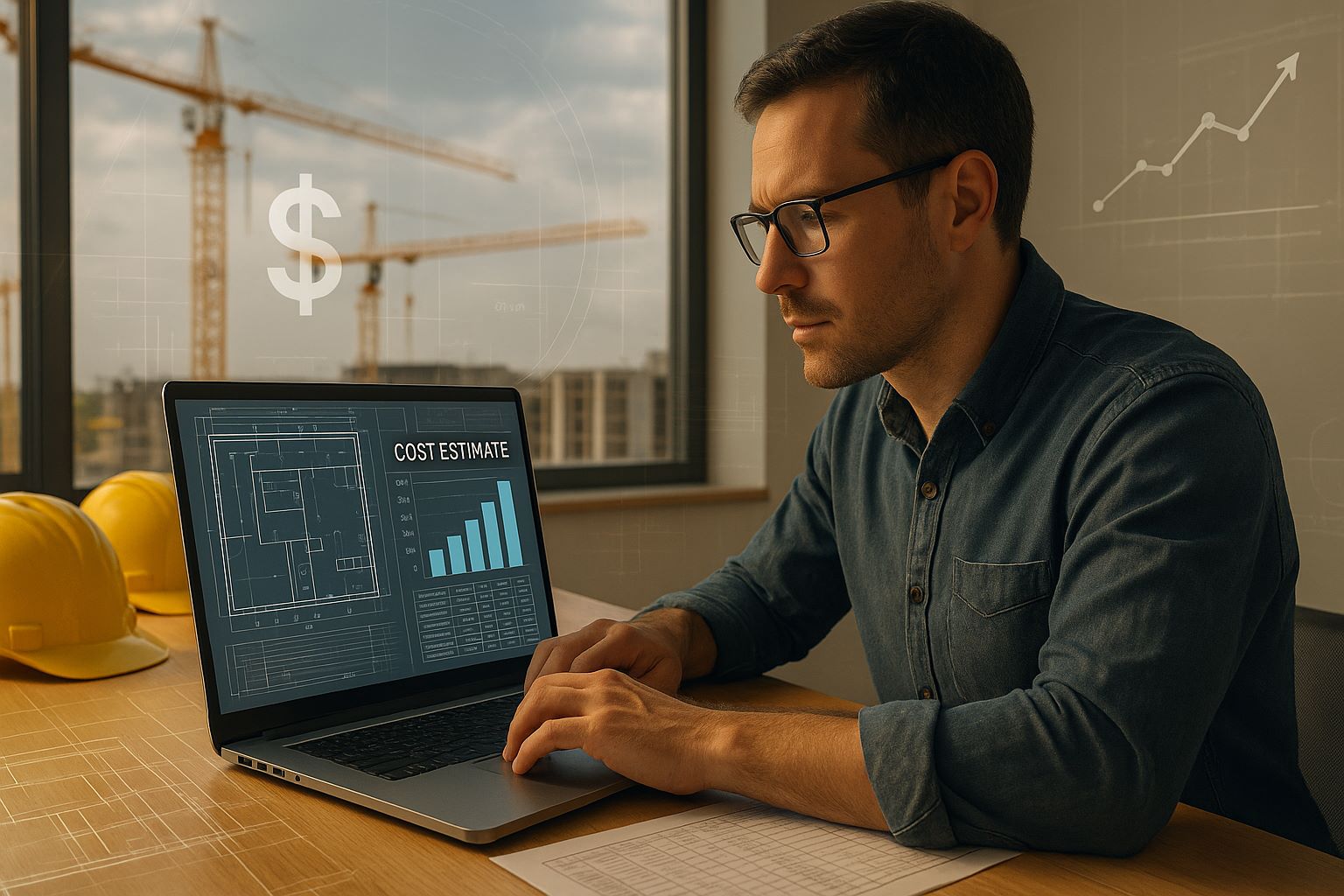 Construction cost estimator working on laptop displaying blueprints and charts in a bright office overlooking cranes, illustrating modern digital estimation and cost optimization in 2025.
