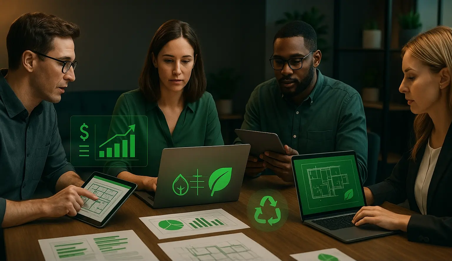A team of construction and engineering professionals sit around a table collaborating on laptops and tablets displaying green icons for sustainability, cost efficiency, and blueprints. Digital overlays show symbols for growth charts, leaves, and recycling, representing value engineering in construction and sustainable project optimization.