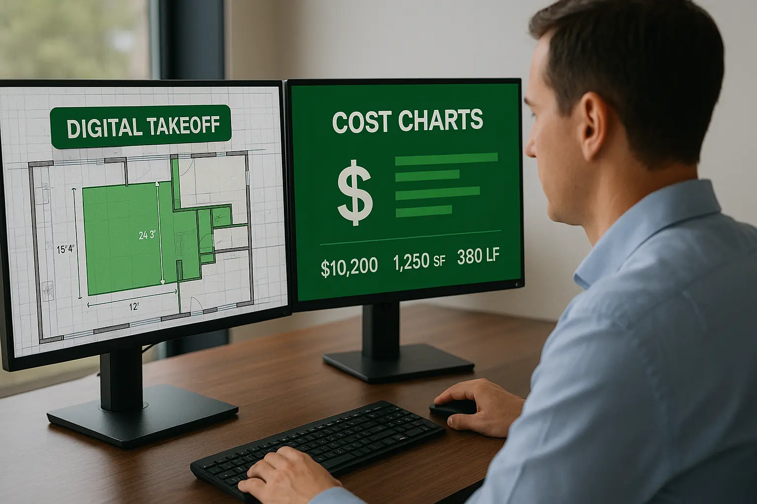 A construction estimator sits at a desk working on dual monitors showing a digital takeoff plan and cost charts. The left screen displays a floor plan with green-highlighted measurement areas labeled “Digital Takeoff,” while the right screen shows cost data including $10,200, 1,250 SF, and 380 LF. The setting is modern and professional, representing digital construction estimating accuracy and technology.
