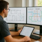 Commercial estimator reviewing architectural, structural, and MEP drawings on dual monitors using digital takeoff software — representing the complete commercial estimation workflow.