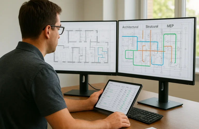 Commercial estimator reviewing architectural, structural, and MEP drawings on dual monitors using digital takeoff software — representing the complete commercial estimation workflow.