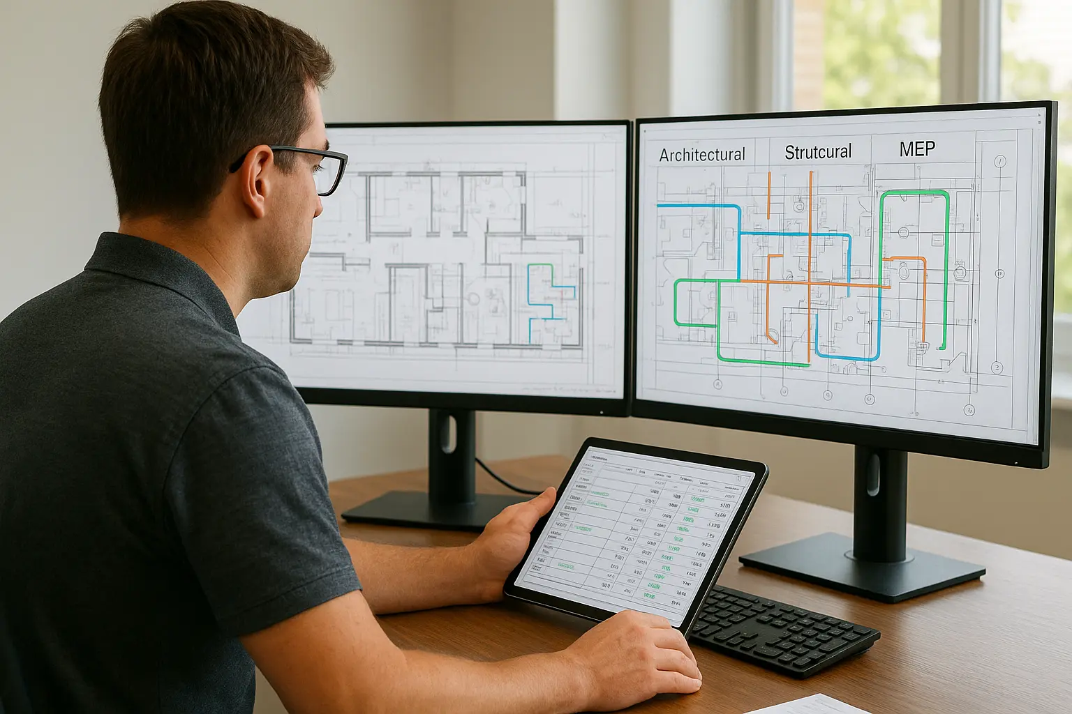 Commercial estimator reviewing architectural, structural, and MEP drawings on dual monitors using digital takeoff software — representing the complete commercial estimation workflow.