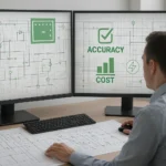 A professional estimator reviews electrical blueprints displayed on dual computer monitors. The screens show circuit diagrams, green icons for switches, lighting, and cost analysis symbols labeled “Accuracy” and “Cost.” A printed electrical plan lies on the desk, representing precision and efficiency in digital electrical takeoff checklist estimation.