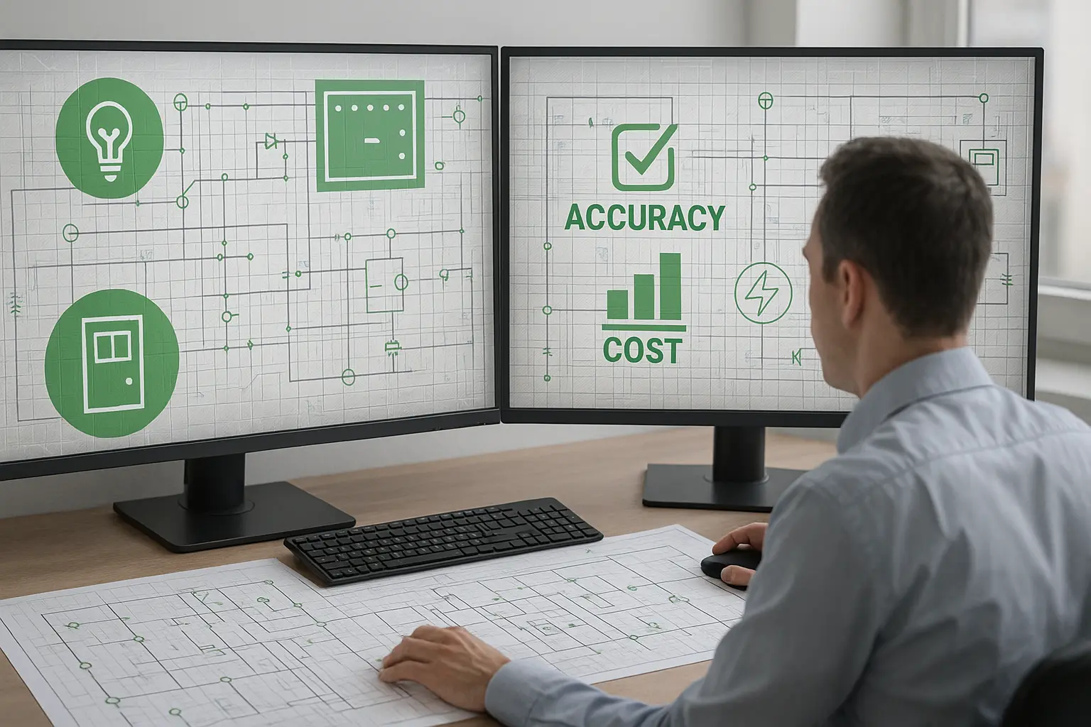 A professional estimator reviews electrical blueprints displayed on dual computer monitors. The screens show circuit diagrams, green icons for switches, lighting, and cost analysis symbols labeled “Accuracy” and “Cost.” A printed electrical plan lies on the desk, representing precision and efficiency in digital electrical takeoff checklist estimation.