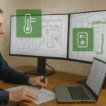 An HVAC estimator reviews mechanical blueprints on dual monitors showing duct and piping layouts. Green digital icons for temperature control, system efficiency, and air handling highlight precision and cost analysis in HVAC estimating. A laptop and printed plans are on the desk, symbolizing digital takeoff accuracy in construction projects.